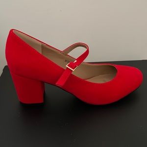 “No Doubt” Red Suede Short Heel MaryJane Pumps Sz 7